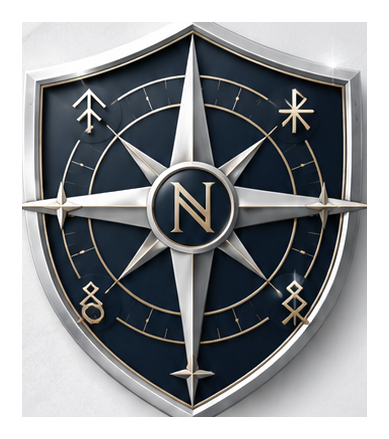 Selected True North silver white-gold shield compass logo